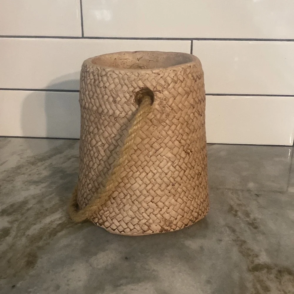 concrete woven basket planter with vegan rope handle. Heavy. Artsy boho cottage